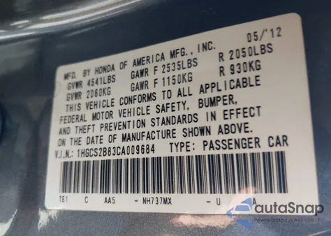 2012 Honda Accord 3.5 Ex-L from USA, damaged, VIN 1HGCS2B83CA009684